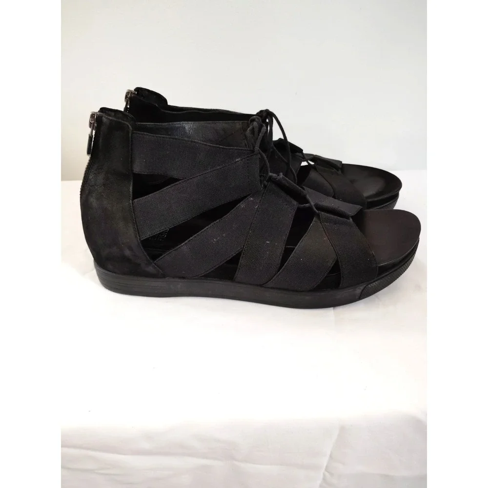 Eileen Fisher Dibs Link Lace-Up Sandal Black Stretch Wedge Gladiator Zip Back 11